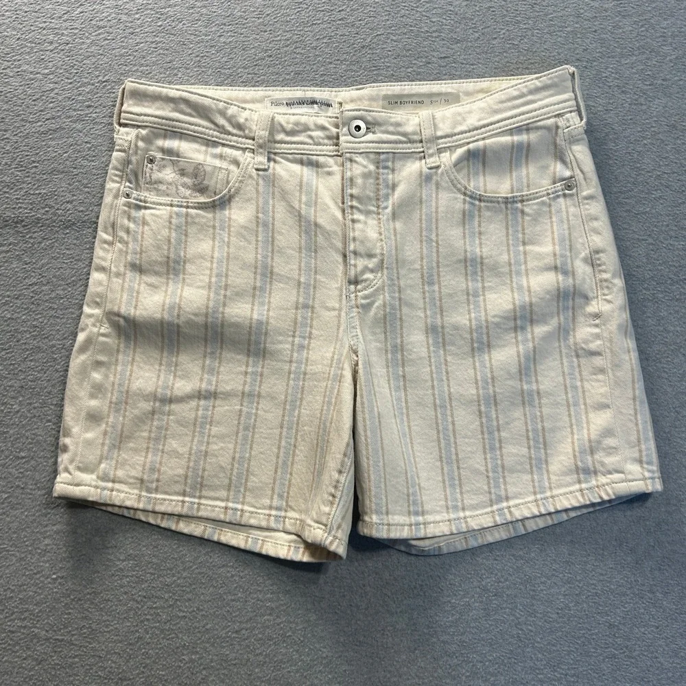 Pilcro Anthropologie Slim Boyfriend Shorts Womens 30 Ivory Blue Stripe Denim